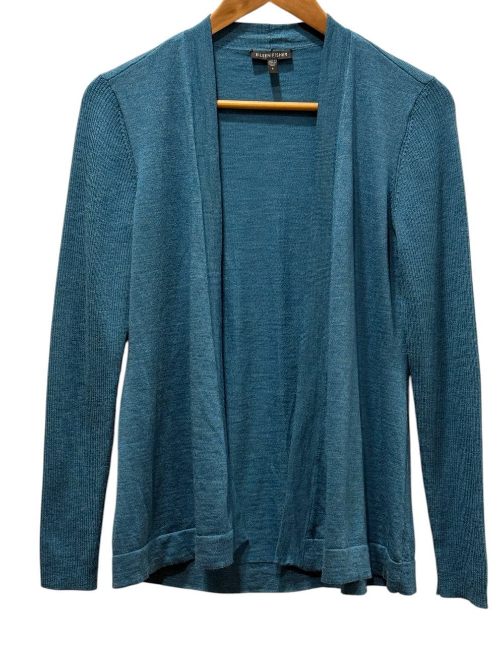 Eileen Fisher 100% Merino Wool Blue Open Front Cardigan Small Quiet Luxury